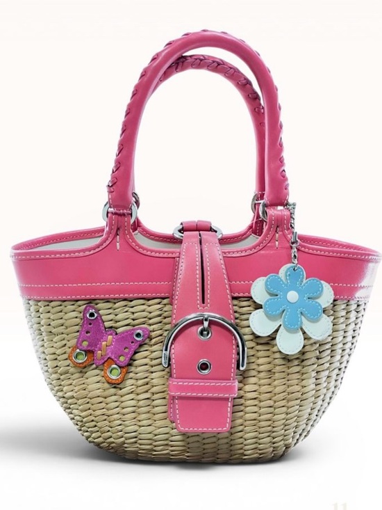 Coach Handbags - Coach Woven Straw & Pink Leather Butterfly Handbag NWOT+Charms